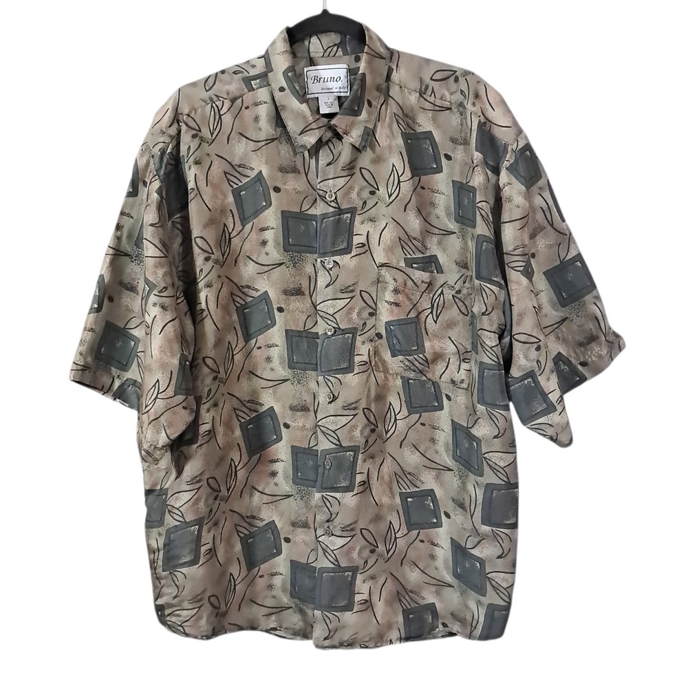 VTG 90s Bruno Silk Shirt Short Sleeve Geometric Brown Mens Size‎ Large Resort